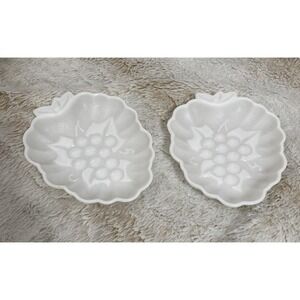 Hazel Atlas White Milk Glass Grape Pattern for Candy/Trinket/etc Dish - Set of 2